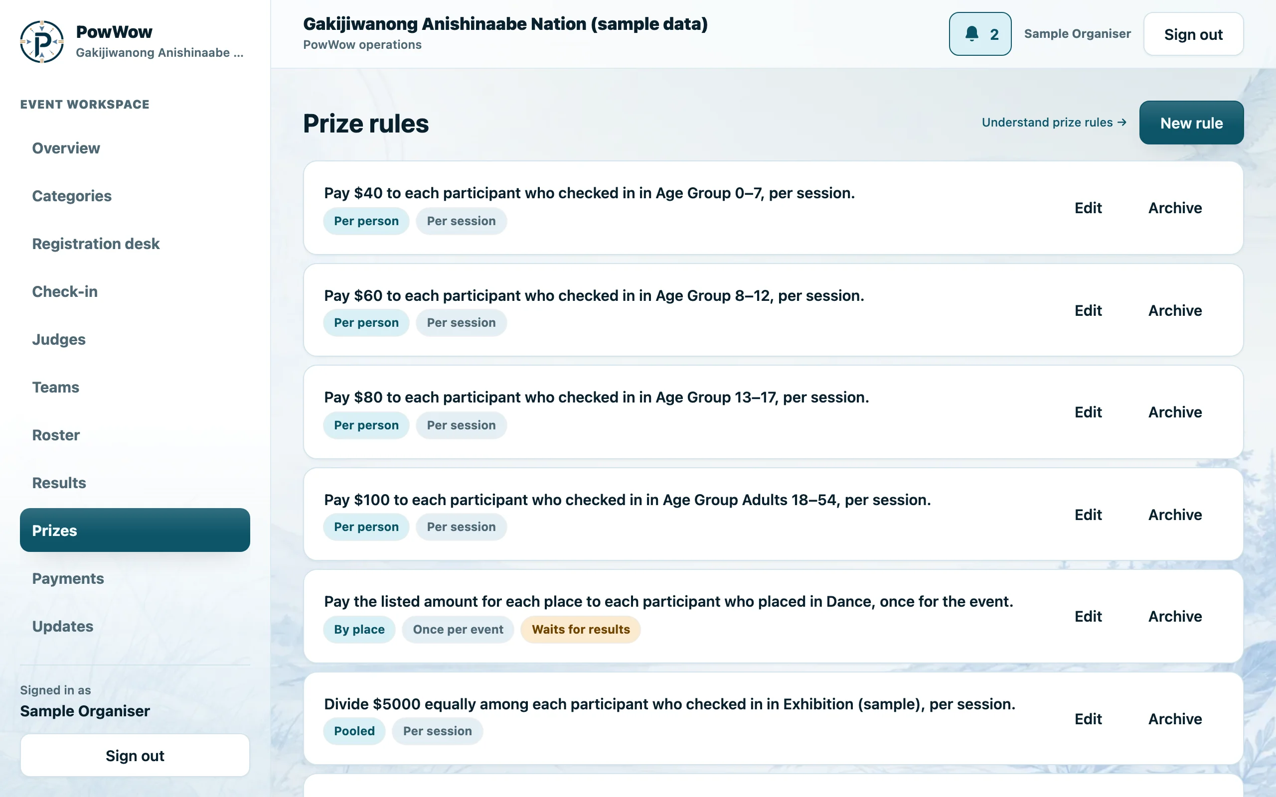 Prize rule list showing several custom payout structures for a demo event.